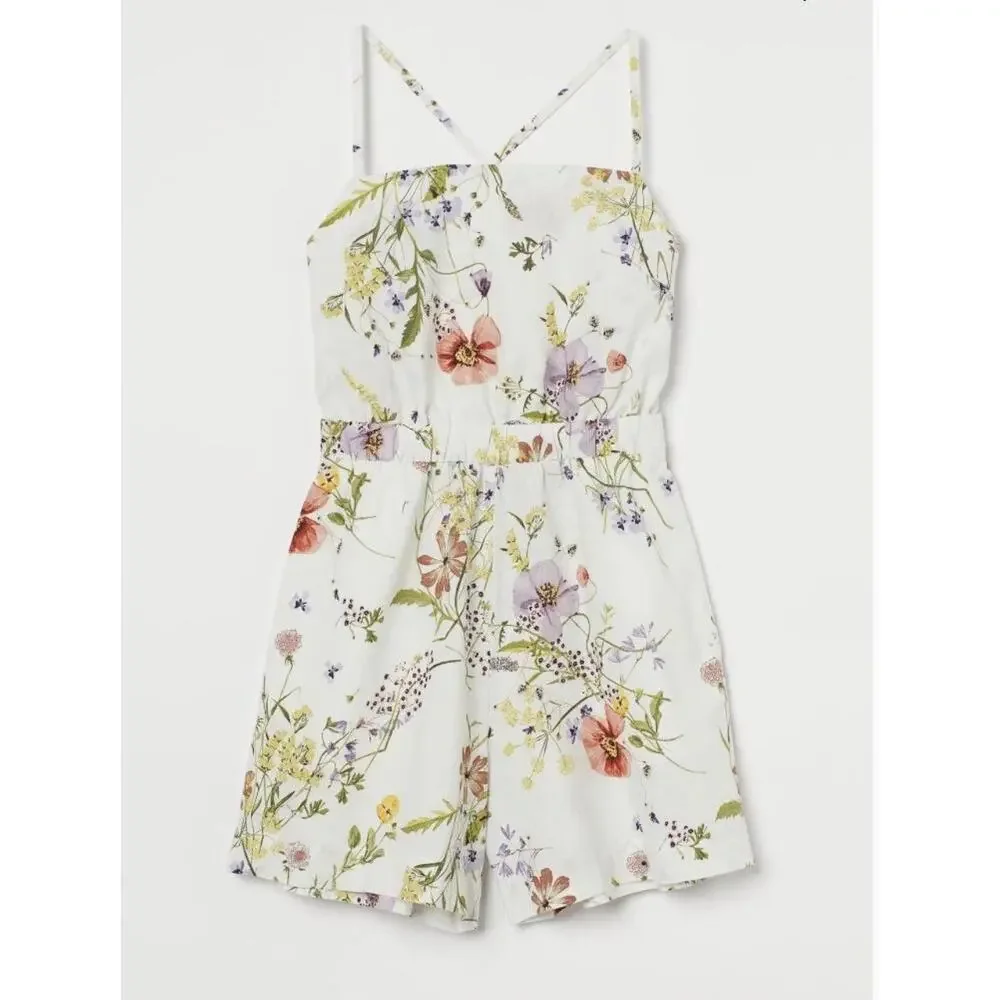 [H&M] Cream Linen Blend Cottagecore Wildflower Floral Print Strappy Romper Sz XL